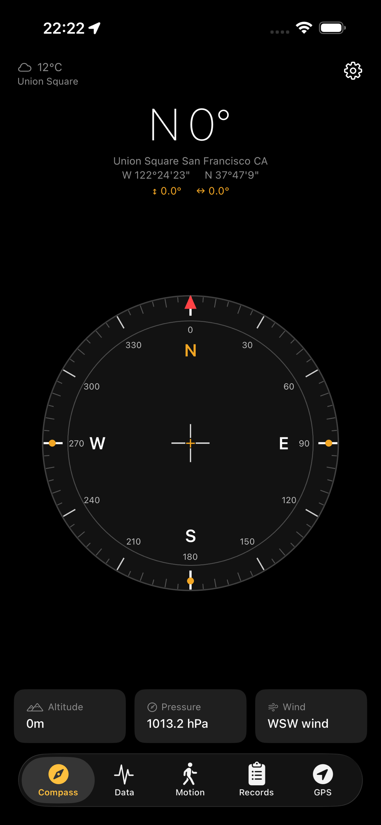 Compass screen showing magnetic north heading